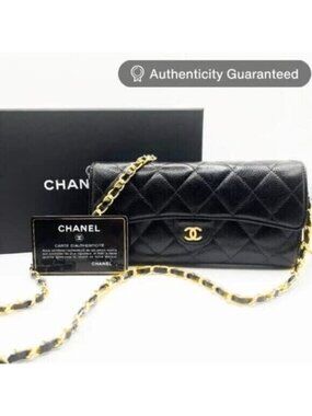 Chanel CC Classic Caviar Flap Wallet Quilted Leather Chain Purse Black